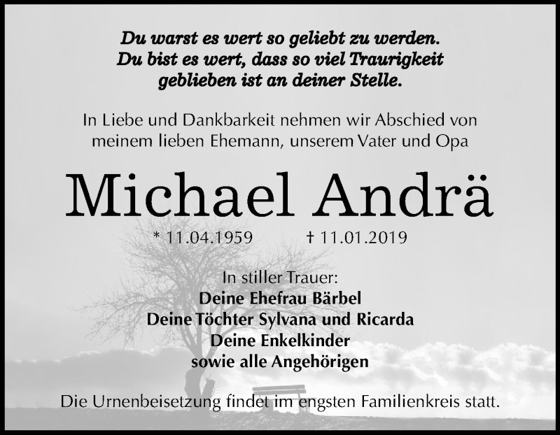  Traueranzeige für Michael Andrä vom 26.01.2019 aus Mitteldeutsche Zeitung