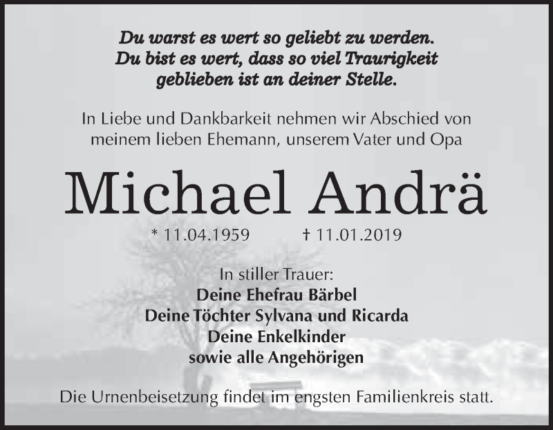  Traueranzeige für Michael Andrä vom 26.01.2019 aus WVG - Wochenspiegel Merseburg