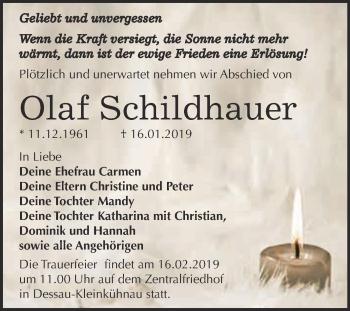 Traueranzeige von Olaf Schildhauer von WVG - Wochenspiegel Dessau / Köthen