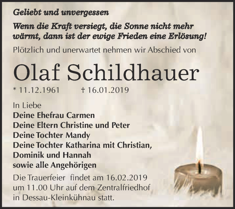  Traueranzeige für Olaf Schildhauer vom 21.01.2019 aus WVG - Wochenspiegel Dessau / Köthen