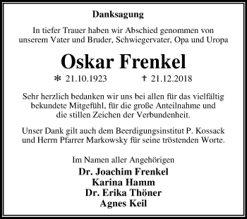 Traueranzeige von Oskar Frenkel von WVG - Wochenspiegel Dessau / Köthen