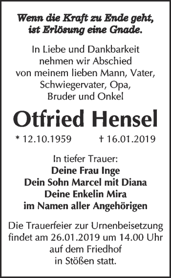 Traueranzeige von Otfried Hensel von WVG - Wochenspiegel NMB / WSF / ZTZ