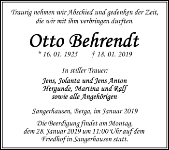 Traueranzeige von Otto Behrendt von Mitteldeutsche Zeitung Sangerhausen