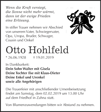 Traueranzeige von Otto Hohlfeld von Super Sonntag Wittenberg