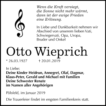 Traueranzeige von Otto Wieprich von Super Sonntag SGH Mansf. Land