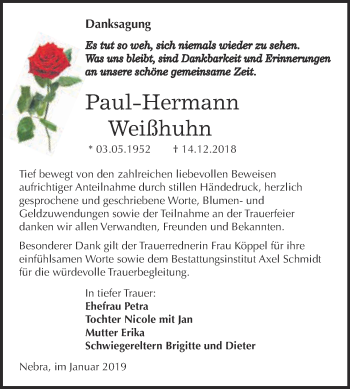 Traueranzeige von Paul-Hermann Weißhuhn von WVG - Wochenspiegel NMB / WSF / ZTZ