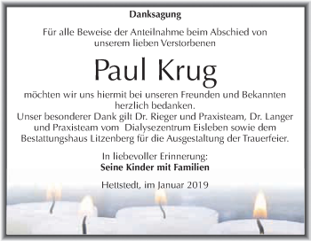 Traueranzeige von Paul Krug von Wochenspiegel Mansfelder Land