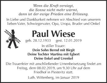 Traueranzeige von Paul Wiese von Super Sonntag Wittenberg