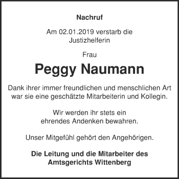 Traueranzeige von Peggy Naumann von WVG - Wochenspiegel Wittenberg