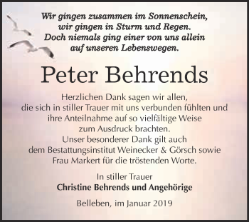 Traueranzeige von Peter Behrends von Super Sonntag Bernburg