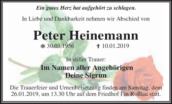 Traueranzeige von Peter Heinemann von WVG - Wochenspiegel Dessau / Köthen