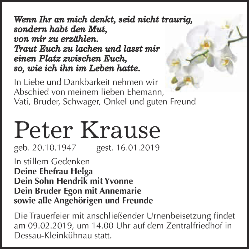 Traueranzeigen Von Peter Krause Www Abschied Nehmen De