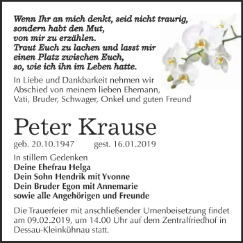 Traueranzeige von Peter Krause von WVG - Wochenspiegel Dessau / Köthen