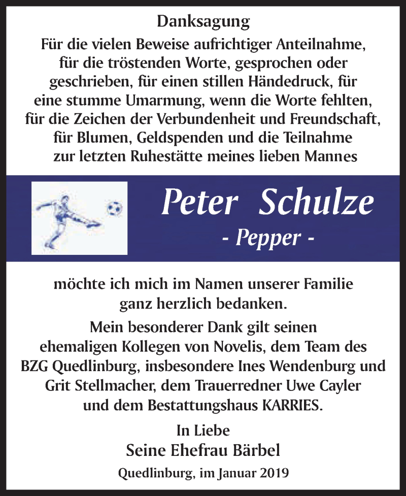  Traueranzeige für Peter Schulze vom 26.01.2019 aus WVG - Wochenspiegel Quedlinburg