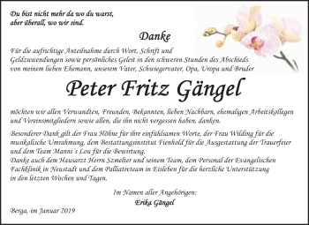 Traueranzeige von Peter Fritz Gängel von Super Sonntag SGH Mansf. Land