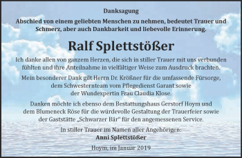 Traueranzeige von Ralf Splettstößer von Super Sonntag Aschersleben