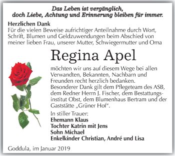 Traueranzeige von Regina Apel von Mitteldeutsche Zeitung Merseburg/Querfurt