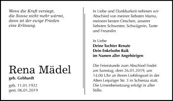 Traueranzeige von Rena Mädel von Mitteldeutsche Zeitung Bitterfeld