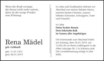 Traueranzeige von Rena Mädel von WVG - Wochenspiegel Bitterfeld