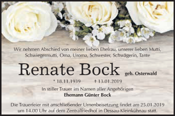 Traueranzeige von Renate Bock von WVG - Wochenspiegel Dessau / Köthen