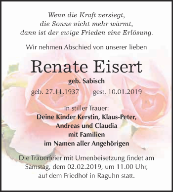 Traueranzeige von Renate Eisert von WVG - Wochenspiegel Bitterfeld