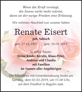 Traueranzeige von Renate Eisert von Mitteldeutsche Zeitung Bitterfeld