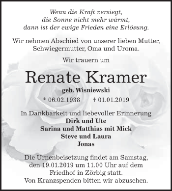Traueranzeige von Renate Kramer von WVG - Wochenspiegel Bitterfeld