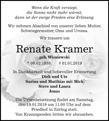 Traueranzeige von Renate Kramer von Mitteldeutsche Zeitung