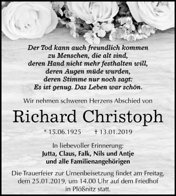 Traueranzeige von Richard Christoph von Mitteldeutsche Zeitung Halle/Saalkreis