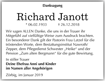 Traueranzeige von Richard Janott von Mitteldeutsche Zeitung Bitterfeld