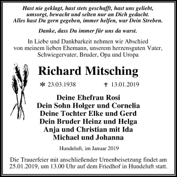 Traueranzeige von Richard Mitsching von WVG - Wochenspiegel Dessau / Köthen