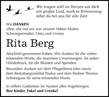 Traueranzeige von Rita Berg von Mitteldeutsche Zeitung Halle/Saalkreis