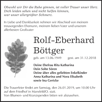 Traueranzeige von Rolf-Eberhard Böttger von Super Sonntag SGH Mansf. Land