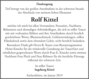 Traueranzeige von Rolf Kittel von Super Sonntag Aschersleben