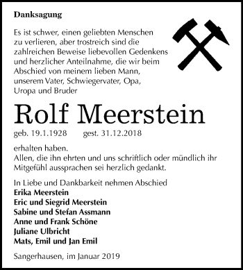 Traueranzeige von Rolf Meerstein von Mitteldeutsche Zeitung Sangerhausen