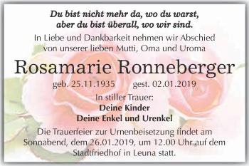 Traueranzeige von Rosamarie Ronneberger von WVG - Wochenspiegel Merseburg