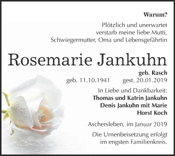 Traueranzeige von Rosemarie Jankuhn von Super Sonntag Aschersleben