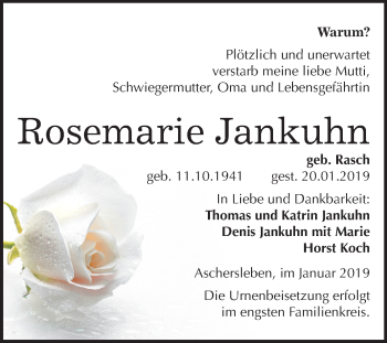 Traueranzeige von Rosemarie Jankuhn von Mitteldeutsche Zeitung Aschersleben