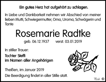 Traueranzeige von Rosemarie Radtke von Mitteldeutsche Zeitung Zeitz