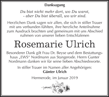 Traueranzeige von Rosemarie Ulrich von Super Sonntag SGH Mansf. Land