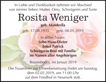 Traueranzeige von Rosita Weniger von Mitteldeutsche Zeitung Merseburg/Querfurt