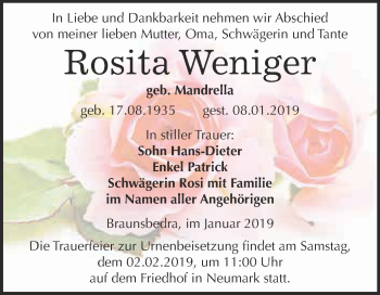 Traueranzeige von Rosita Weniger von WVG - Wochenspiegel Merseburg