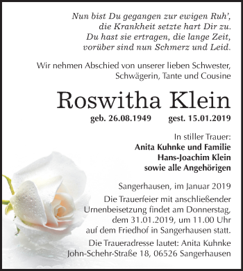 Traueranzeige von Roswitha Klein von Mitteldeutsche Zeitung Sangerhausen