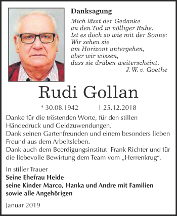 Traueranzeige von Rudi Gollan von Super Sonntag SGH Mansf. Land