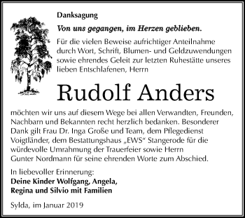 Traueranzeige von Rudolf Anders von Wochenspiegel Mansfelder Land