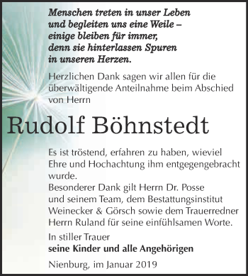 Traueranzeige von Rudolf Böhnstedt von Super Sonntag Bernburg