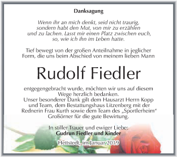 Traueranzeige von Rudolf Fiedler von Super Sonntag SGH Mansf. Land