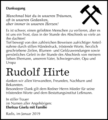 Traueranzeige von Rudolf Hirte von WVG - Wochenspiegel Wittenberg