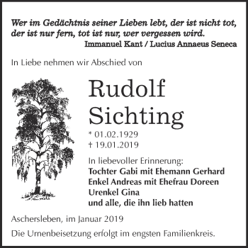 Traueranzeige von Rudolf Sichting von Super Sonntag Aschersleben