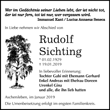 Traueranzeige von Rudolf Sichting von Mitteldeutsche Zeitung Aschersleben
